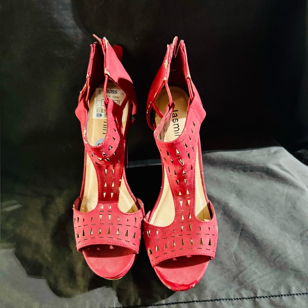 Jasmine Red Laser-Cut T-Strap High Heels - Jasmine